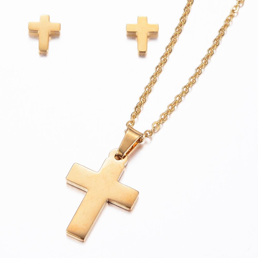PandaHall 304 Stainless Steel Jewelry Sets, Stud Earrings and Pendant Necklaces, Cross, Golden, 17.72"(45cm); 8x6.5x1.2mm, Pin: 0.8mm...
