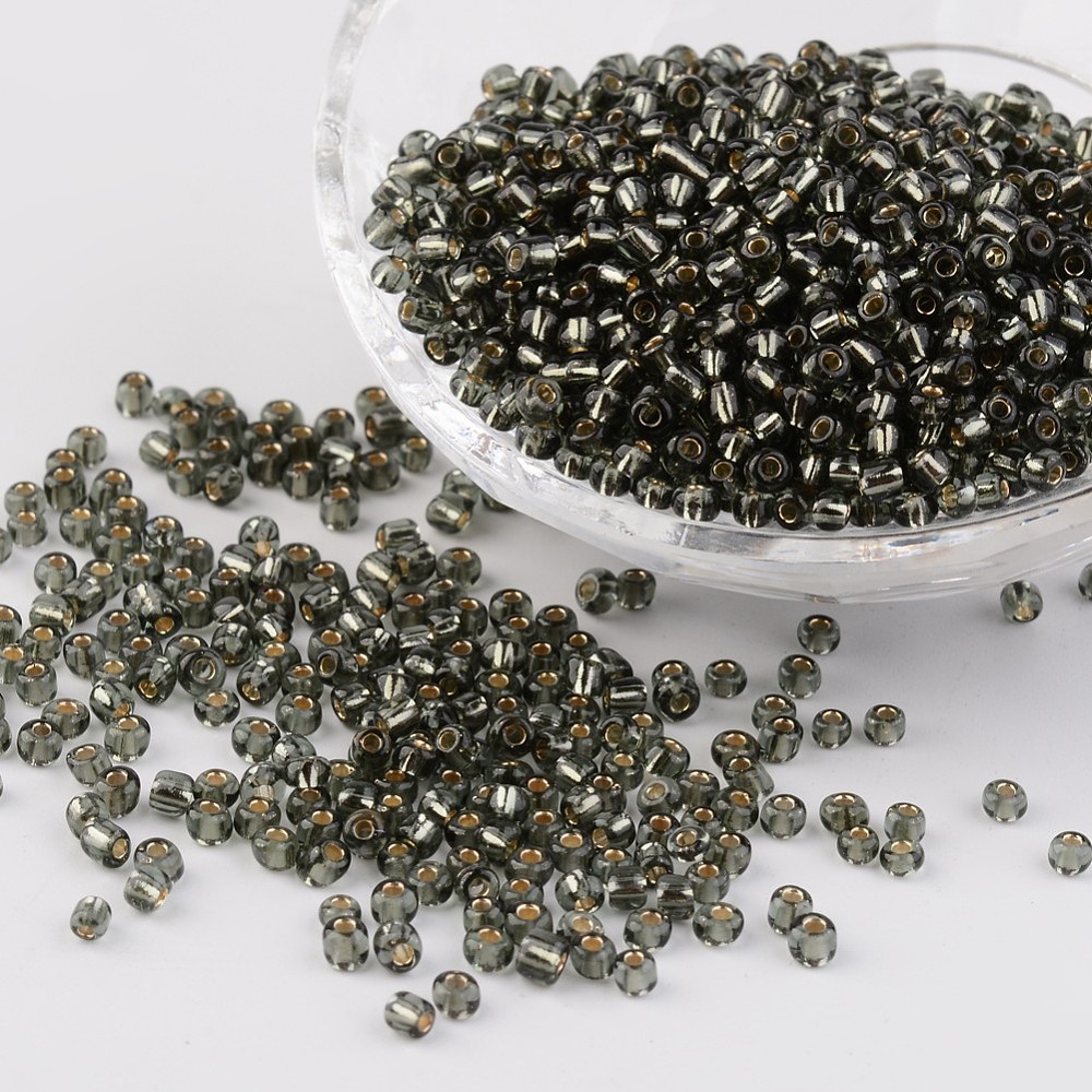 PandaHall 8/0 Glass Seed Beads, Silver Lined Round Hole, Round, LightGrey, 3mm, Hole: 1mm; about 1097pcs/50g Glass Gray