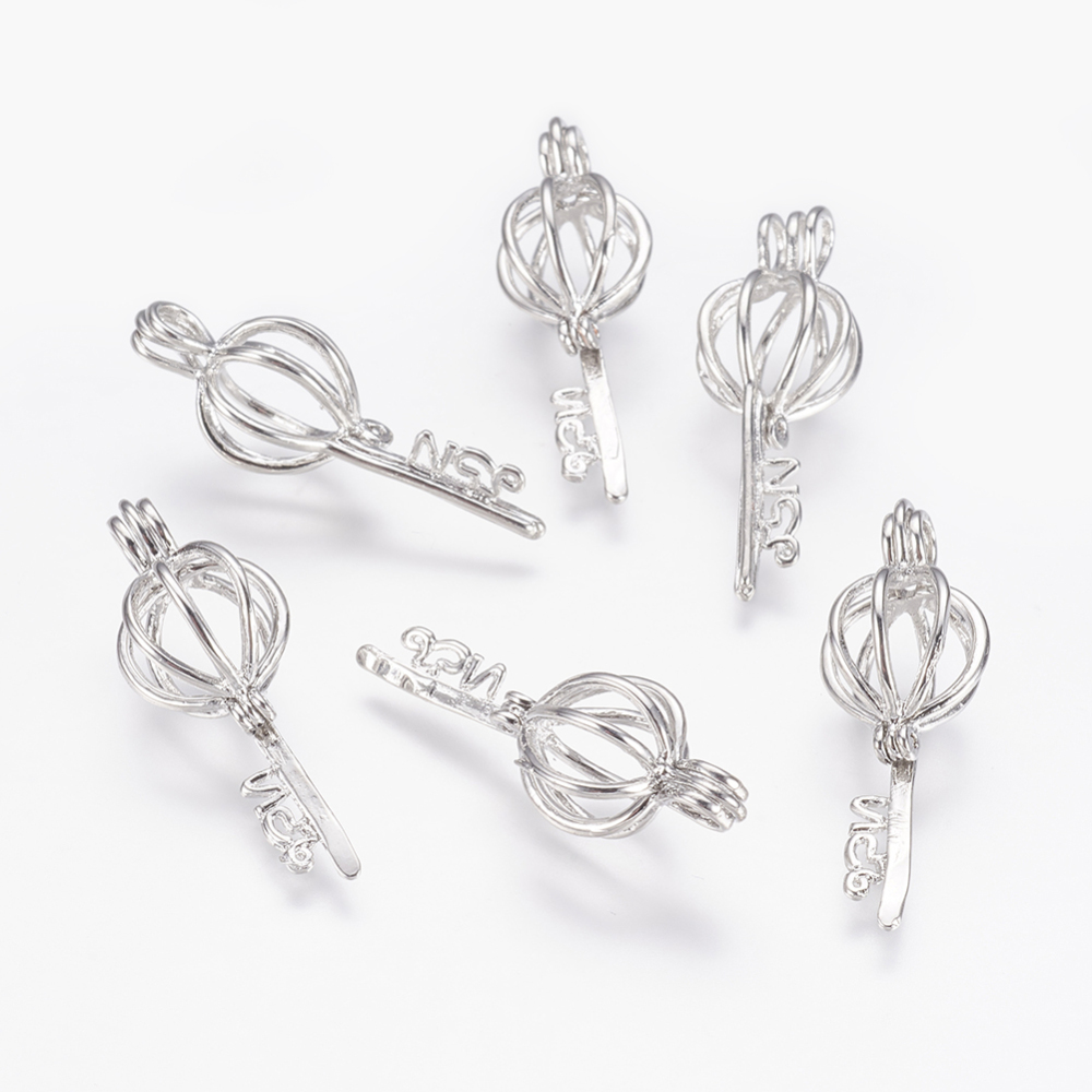 PandaHall Brass Locket Pendants, Cage Pendants, Skeleton Key, Platinum, 31.5x11x11mm, Hole: 2.5x4.5mm; Inner: 9mm Brass Key