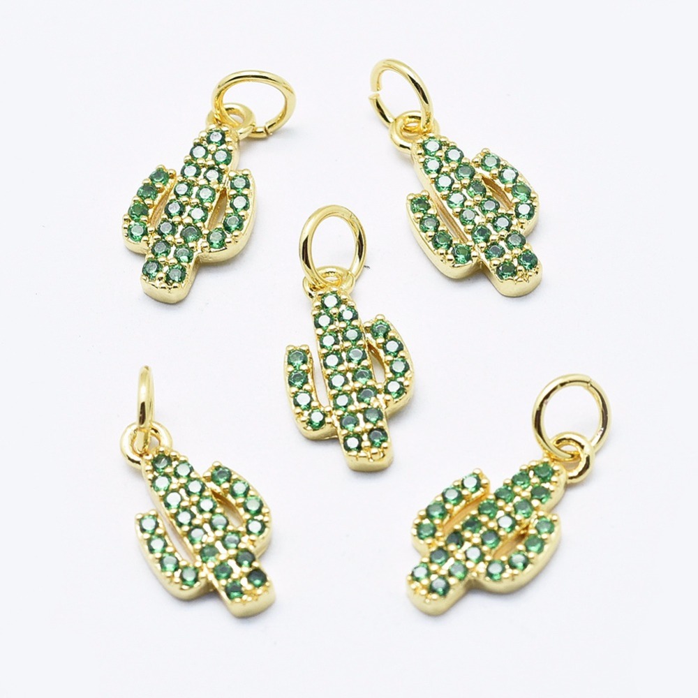 PandaHall Environmental Brass Micro Pave Cubic Zirconia Charms, Cadmium Free & Nickel Free & Lead Free, Cactus, Green, Golden, 14x7.5x2mm...