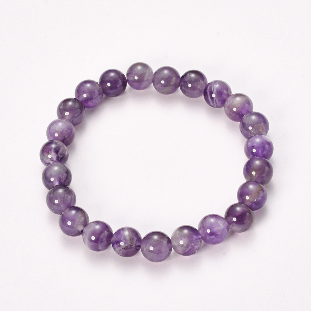 PandaHall Natural Amethyst Beaded Stretch Bracelets, Round, 2-1/8"(55mm); Bead: 8~9mm Amethyst