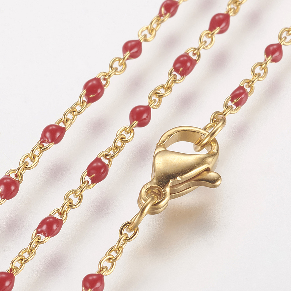 PandaHall 304 Stainless Steel Chain Necklaces, with Enamel, Golden, Red, 17.91"(45.5cm); 2mm Stainless Steel Red