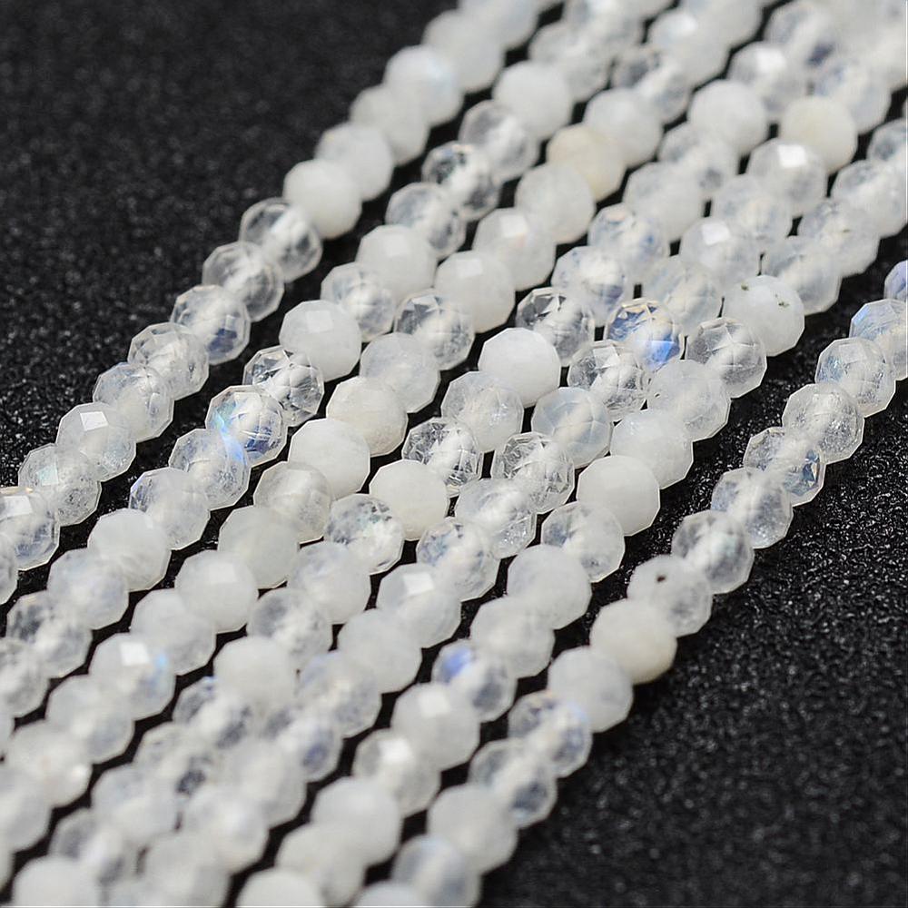 PandaHall Natural Blue Moonstone Quartz Bead Strands, Round, Faceted, 3mm, Hole: 0.5mm; about 160pcs/strand, 15.5"(39.5cm) Moonstone Round