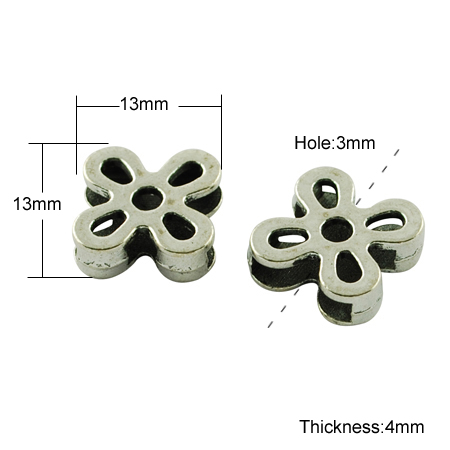 PandaHall Tibetan Style Slide Charms, Lead Free, Flower, Antique Silver, 13x13x4mm, Hole: 3mm Alloy Flower