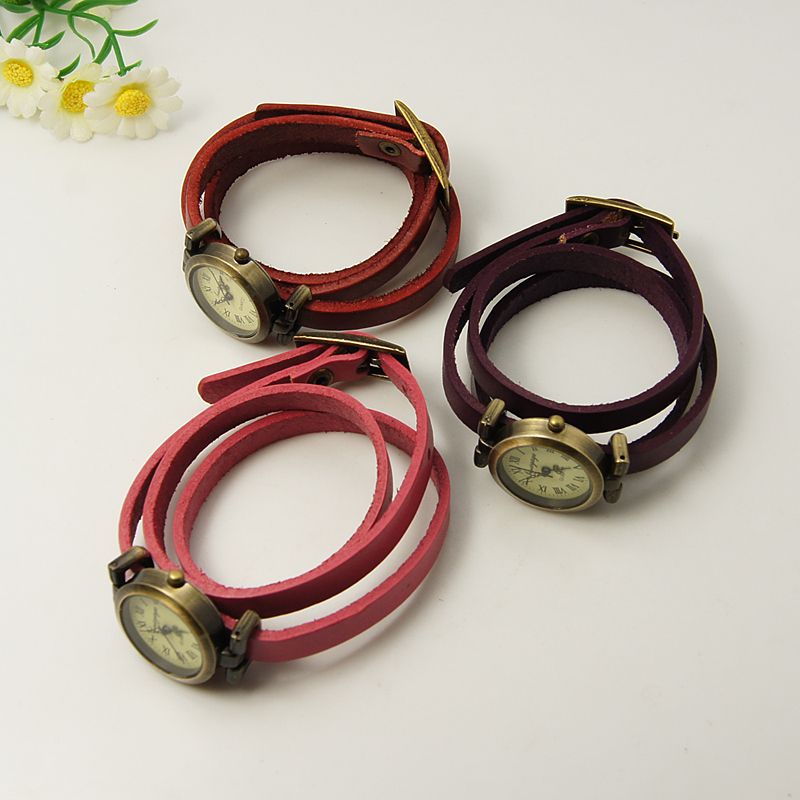 PandaHall Fashion Triple Wrap Leather Watch Bracelets, with Alloy Watch Components, Antique Bronze, Mixed Color, 610~620x9x6mm Leather...