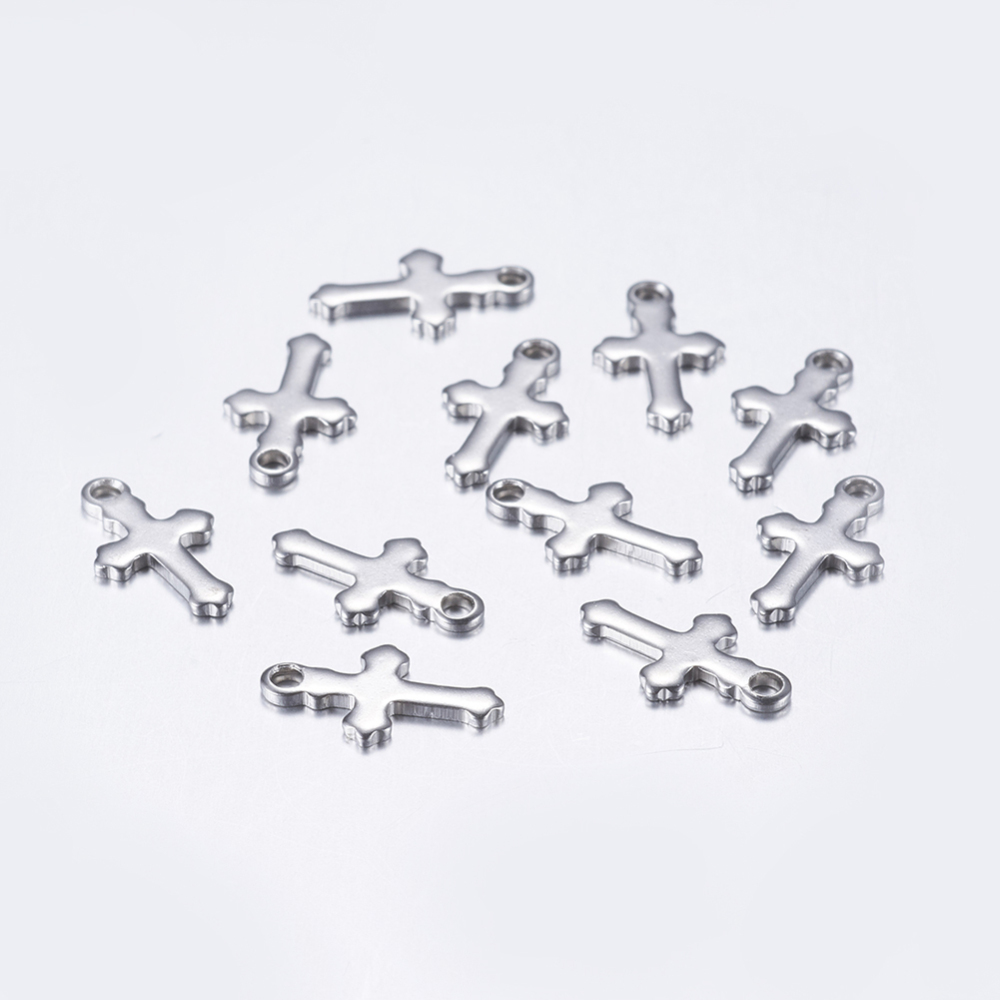 PandaHall 304 Stainless Steel Charms, Cross, Stainless Steel Color, 12x7x1mm, Hole: 1.5mm Stainless Steel Cross
