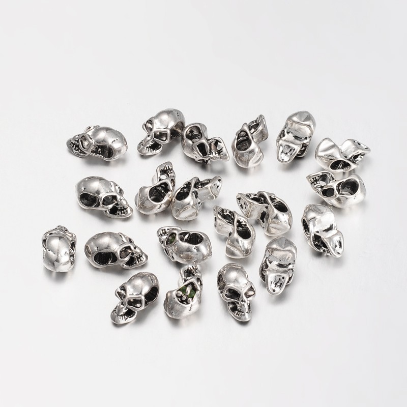 PandaHall Tibetan Style European Beads, Lead Free & Nickel Free, Large Hole Beads, Skull for Halloween, Antique Silver, 17x9x10mm, Hole: 4mm...