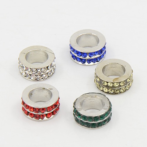 PandaHall Large Hole Beads, European Brass Rhinestone Beads, Rondelle, Platinum, Mixed Color, about 11mm in diameter, 5mm thick, hole: 6mm...