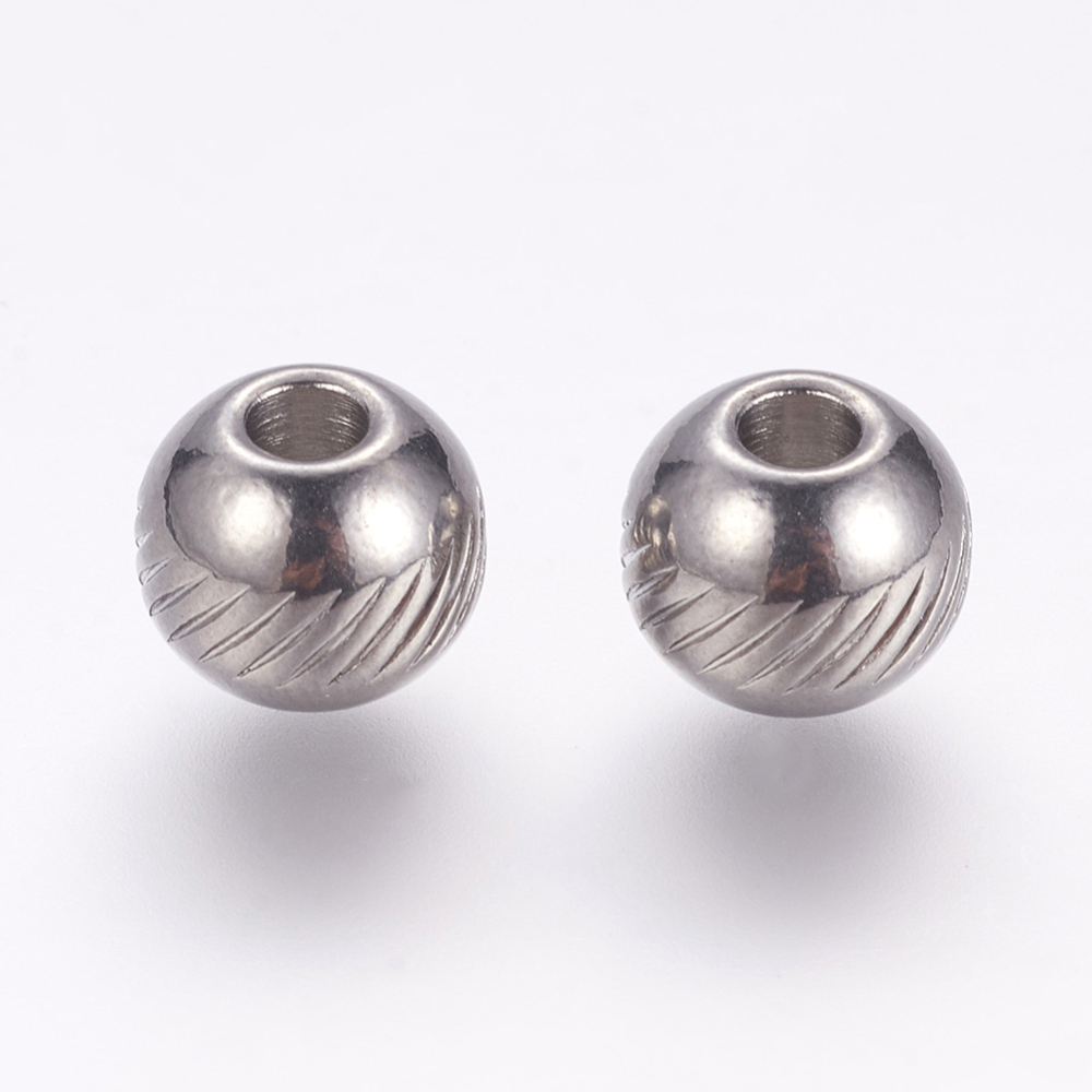 PandaHall 304 Stainless Steel Beads, Round with Twill, Stainless Steel Color, 8x7mm, Hole: 2.5mm Stainless Steel Round