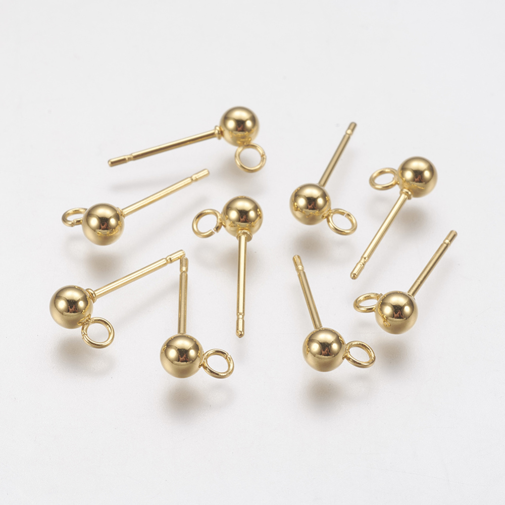 PandaHall 304 Stainless Steel Stud Earring Findings, Round, Golden, 15mm, Hole: 2mm; Pin: 0.7mm Stainless Steel