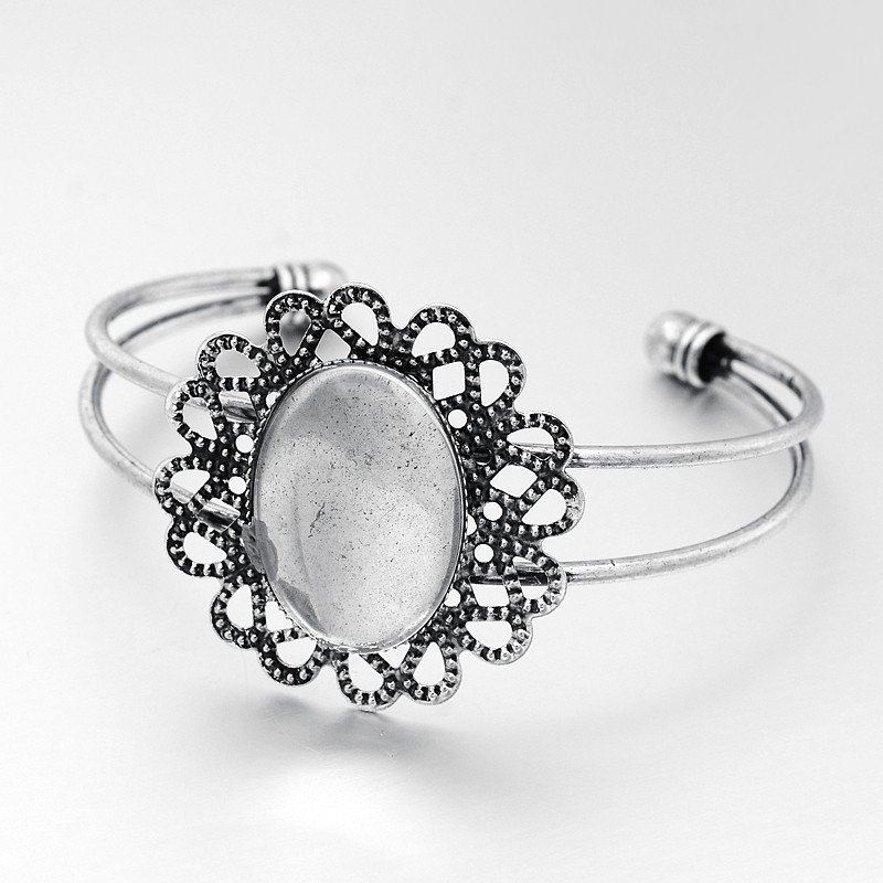 PandaHall Vintage Filigree Brass Bangle Makings and Oval Transparent Glass Cabochons, Lead Free, Antique Silver, Bangle Makings: Tray...