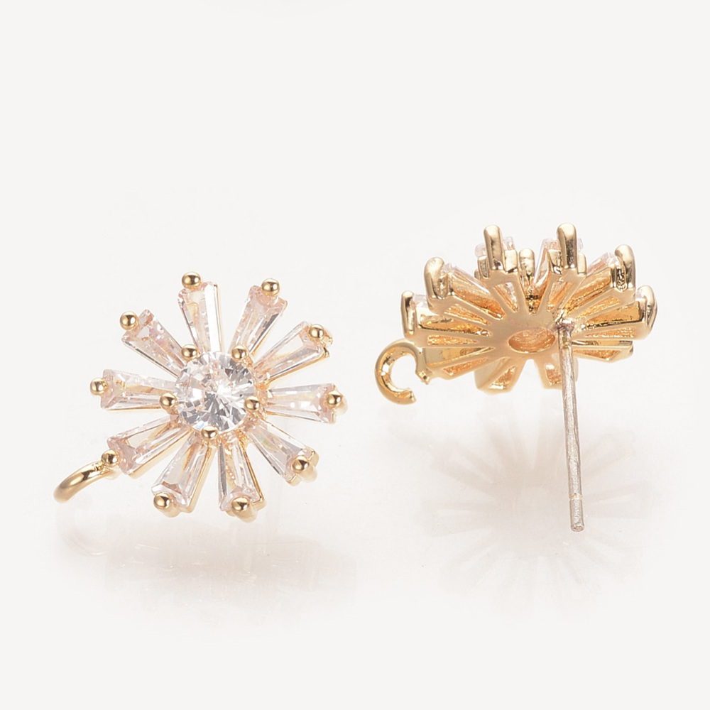 PandaHall Brass Cubic Zirconia Ear Stud Findings, Real Gold Plated, Flower, 16x12mm; pin: 0.5mm Brass+Cubic Zirconia