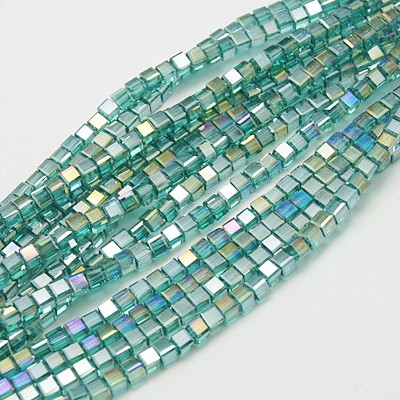 PandaHall Electroplate Glass Beads Strands, AB Color Plated, Faceted, Cube, Turquoise, 4x4x4mm, Hole: 1mm Cube Green