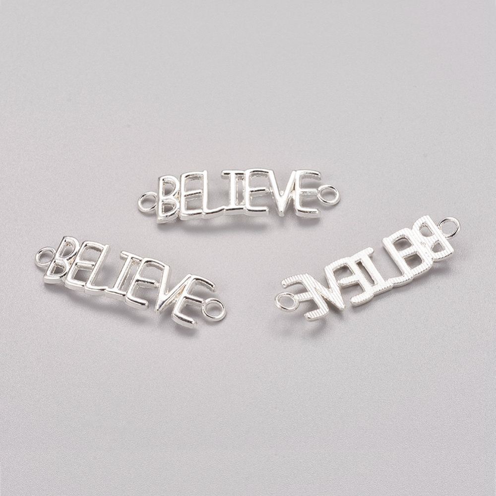 PandaHall Silver Tone Alloy Word Links, BELIEVE, 43x12x4mm, Hole: 3mm Alloy Word Silver