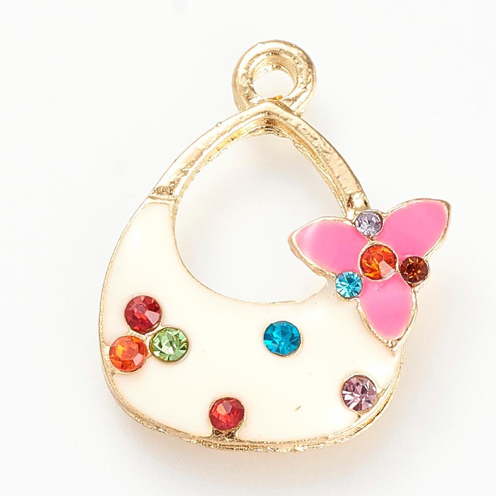 PandaHall Enamel Style Alloy Rhinestone Pendants, HandBag, FloralWhite, 23x17x3mm, Hole: 2mm Alloy Rhinestone+Enamel Bag Ivory