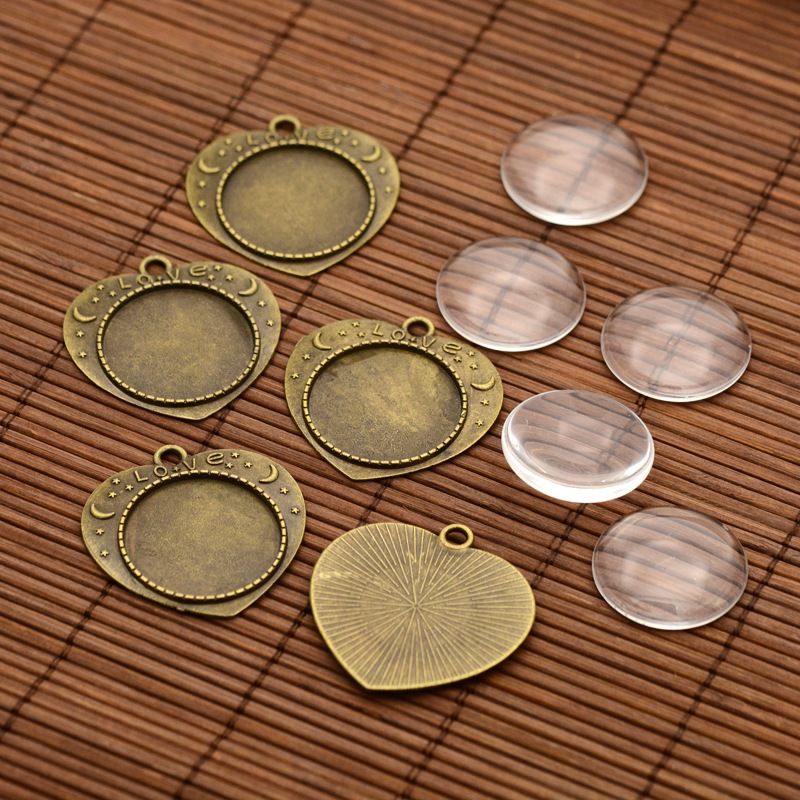 PandaHall Alloy Heart Carved Word Love Pendant Cabochon Bezel Settings and Transparent Flat Round Glass Cabochons, Nickel Free, Antique...