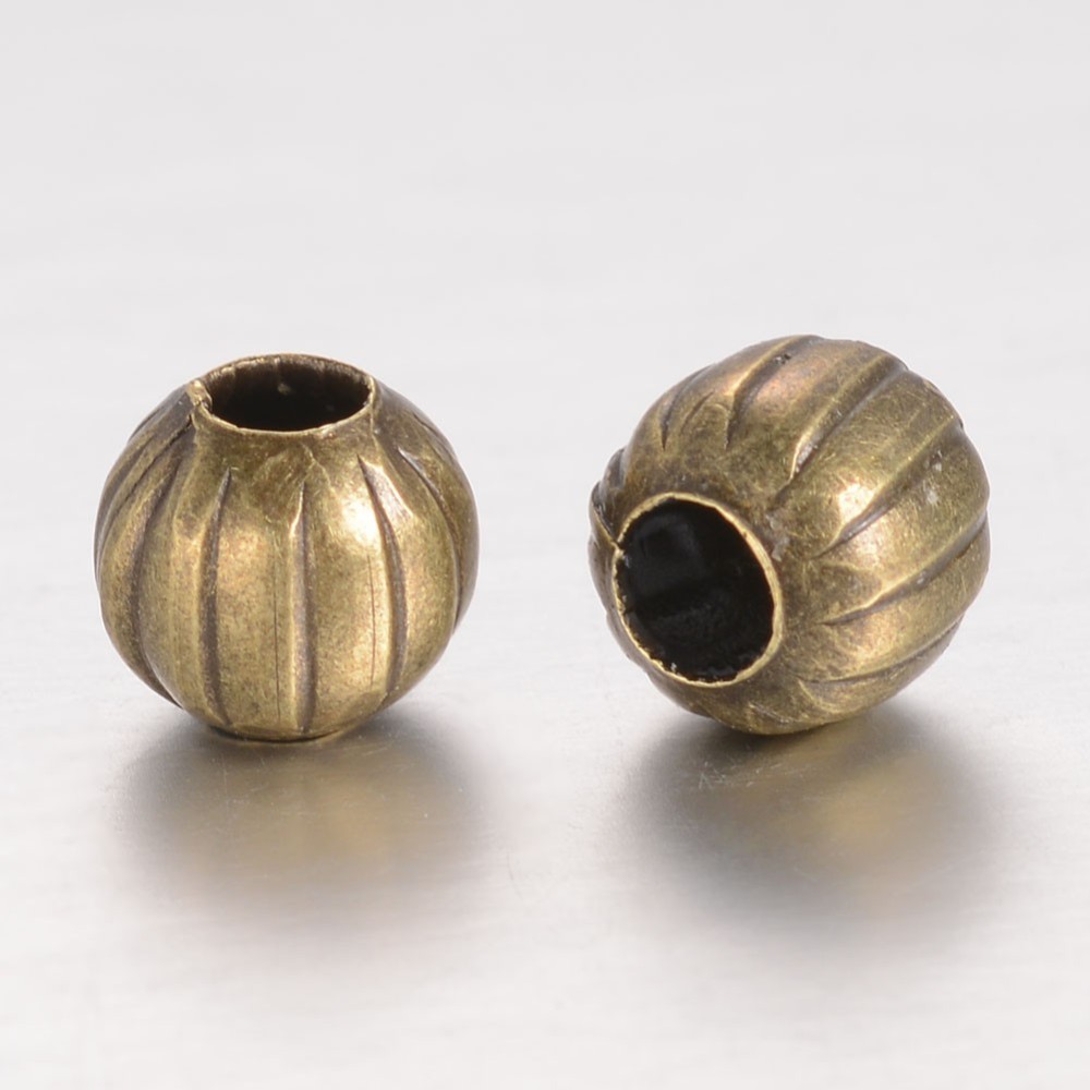 PandaHall Brass Corrugated Beads, Round, Nickel Free, Antique Bronze, 6mm, Hole: 2mm Brass Round