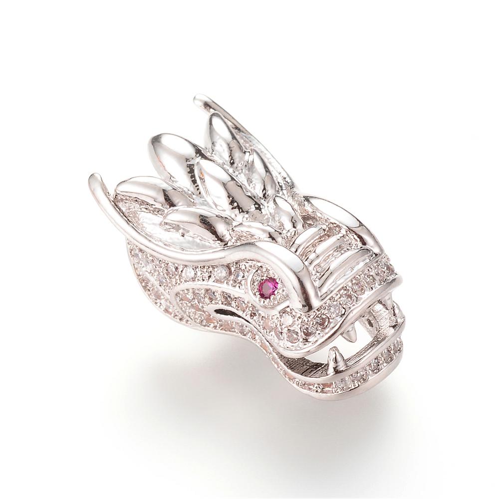 PandaHall Brass Micro Pave Cubic Zirconia Beads, Random Color Cubic Zirconia Eye, Dragon, Platinum, 23.3x10.1mm Brass+Cubic Zirconia Dragon