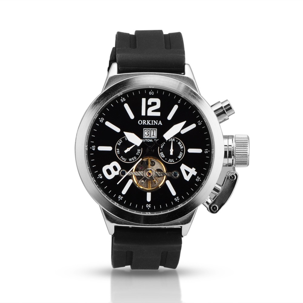 PandaHall High Quality Stainless Steel  Silicone Wrist Watch, Mechanical Watches, Black, 280x21~24mm;  Watch Head: 52x60x15mm Silicone Black