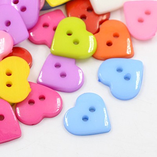 PandaHall Acrylic Sewing Buttons for Costume Design, Heart Buttons, 2-Hole, Dyed, Mixed Color, 16x16x3mm, Hole: 2mm Acrylic Heart Multicolor