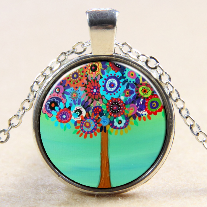 PandaHall Tree Of Life Pattern Flat Round Glass Pendant Necklaces, with Alloy Chains, Silver, 18" Alloy