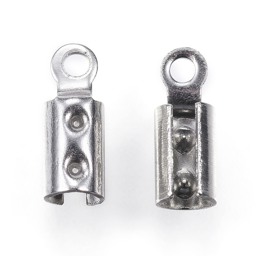 PandaHall 304 Stainless Steel Folding Crimp Ends, Stainless Steel Color, 8.5x3mm, Hole: 1.2mm Stainless Steel