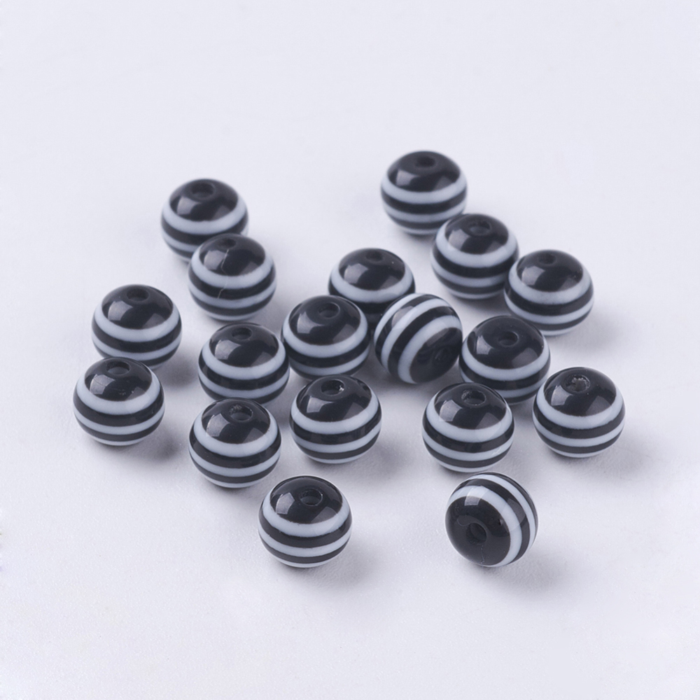 PandaHall Round Striped Resin Beads, Black, 6x5mm, Hole: 1.8~2mm Resin Round Black
