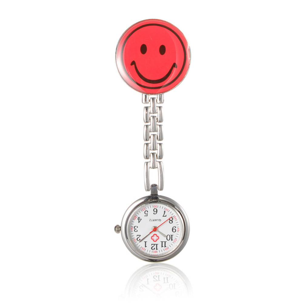 PandaHall Alloy Smiley Nurse Table Pocket Watches, with Alloy Enamel Table, Metal Chains and Iron Clips, Flat Round, Red, 91mm; Watch Head...