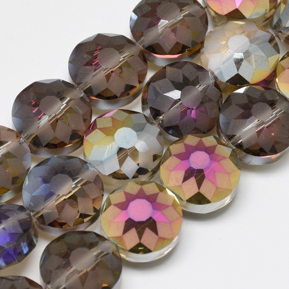 PandaHall Electroplate Glass Beads Strands, Rainbow Plated, Faceted, Flat Round, Gray, 14x10mm, Hole: 1.5mm; about 50pcs/strand, 26.77"...