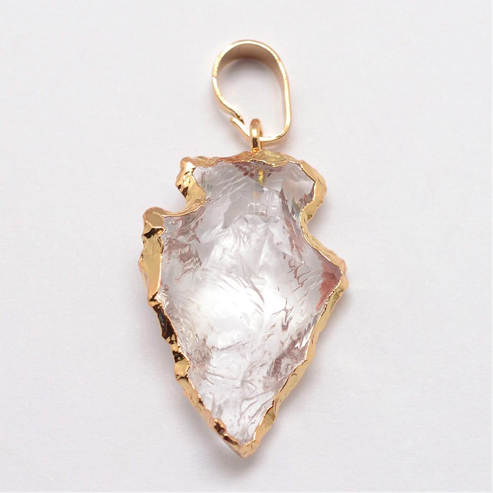 PandaHall Natural Quartz Crystal Pendants, Dyed, with Brass Findings, Arrowhead, Golden, Clear, 29~38x15~20x7~11mm, Hole: 3.5x6mm Quartz...
