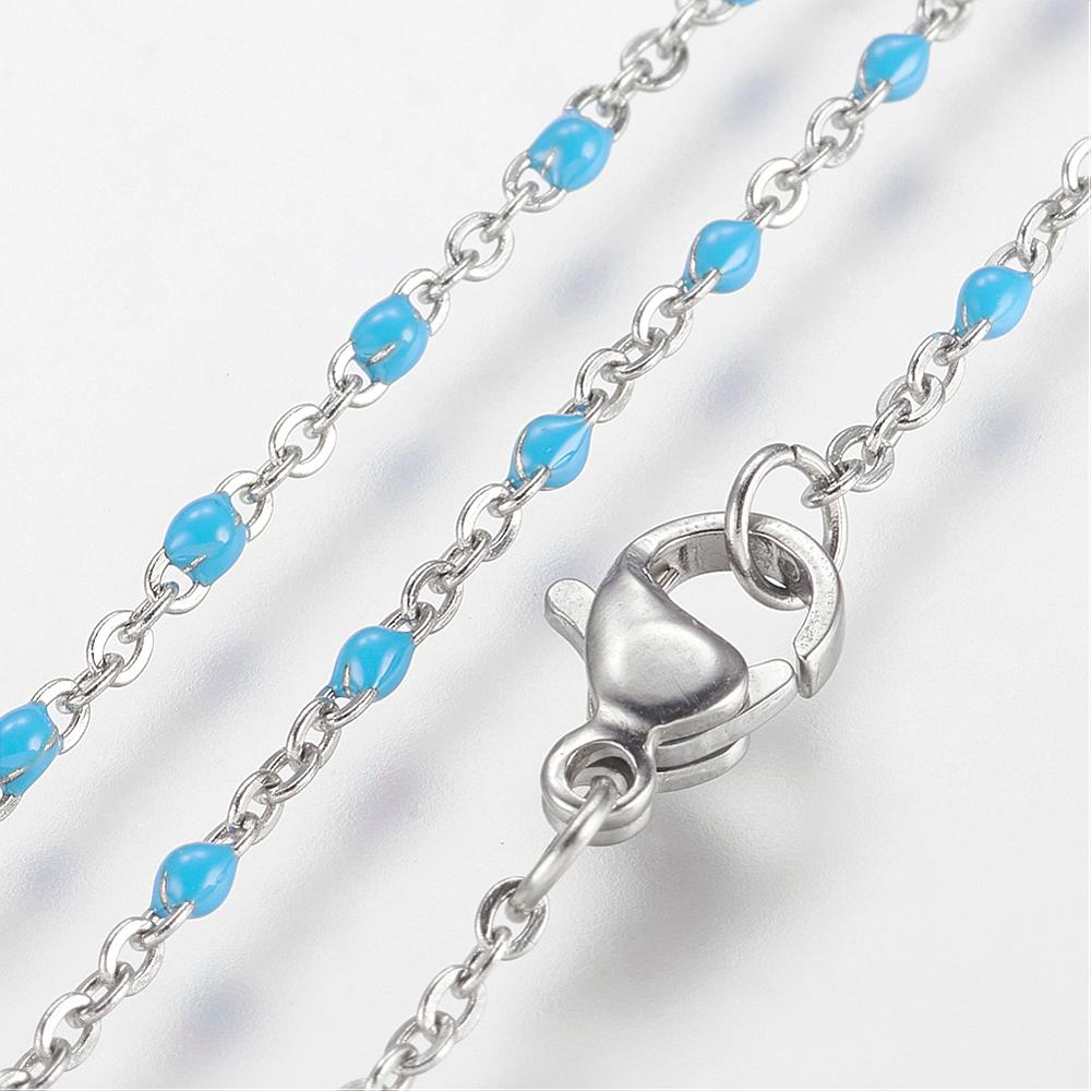 PandaHall 304 Stainless Steel Chain Necklaces, with Enamel Links, Platinum, DeepSkyBlue, 17.91"(45.5cm); 1.5~2mm Stainless Steel Blue