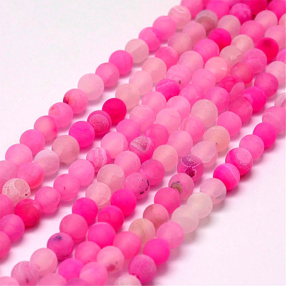 PandaHall Frosted Natural Agate Beads Strands, Round, Dyed & Heated, HotPink, 8mm, Hole: 1mm; about 48pcs/strand, 15.1" Natural Agate Round...