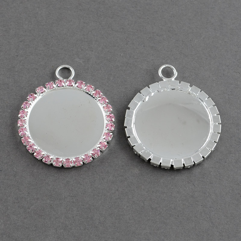PandaHall Brass Rhinestone Pendant Cabochon Settings, Flat Round, Silver Metal Color, Light Rose, Tray: 25mm; 37x31.5x3mm, Hole: 4mm...