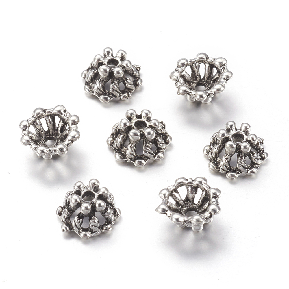 PandaHall Alloy Bead Caps, Lead Free and Cadmium Free, Antique Silver Color, about 11mm long, 10mm wide, 6mm thick, hole: 1.5mm Alloy