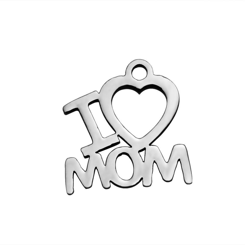 PandaHall 304 Stainless Steel Charms, Phrase I Love Mom, Stainless Steel Color, 13.5x13x1mm, Hole: 1.5mm Stainless Steel Word