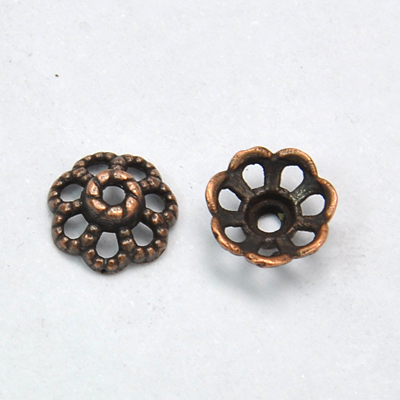 PandaHall Tibetan Style Bead Caps, Zinc Alloy, Lead Free, Cadmium Free and Nickel Free, Flower, Red Copper Color, 9mm in diameter, 4mm thick...
