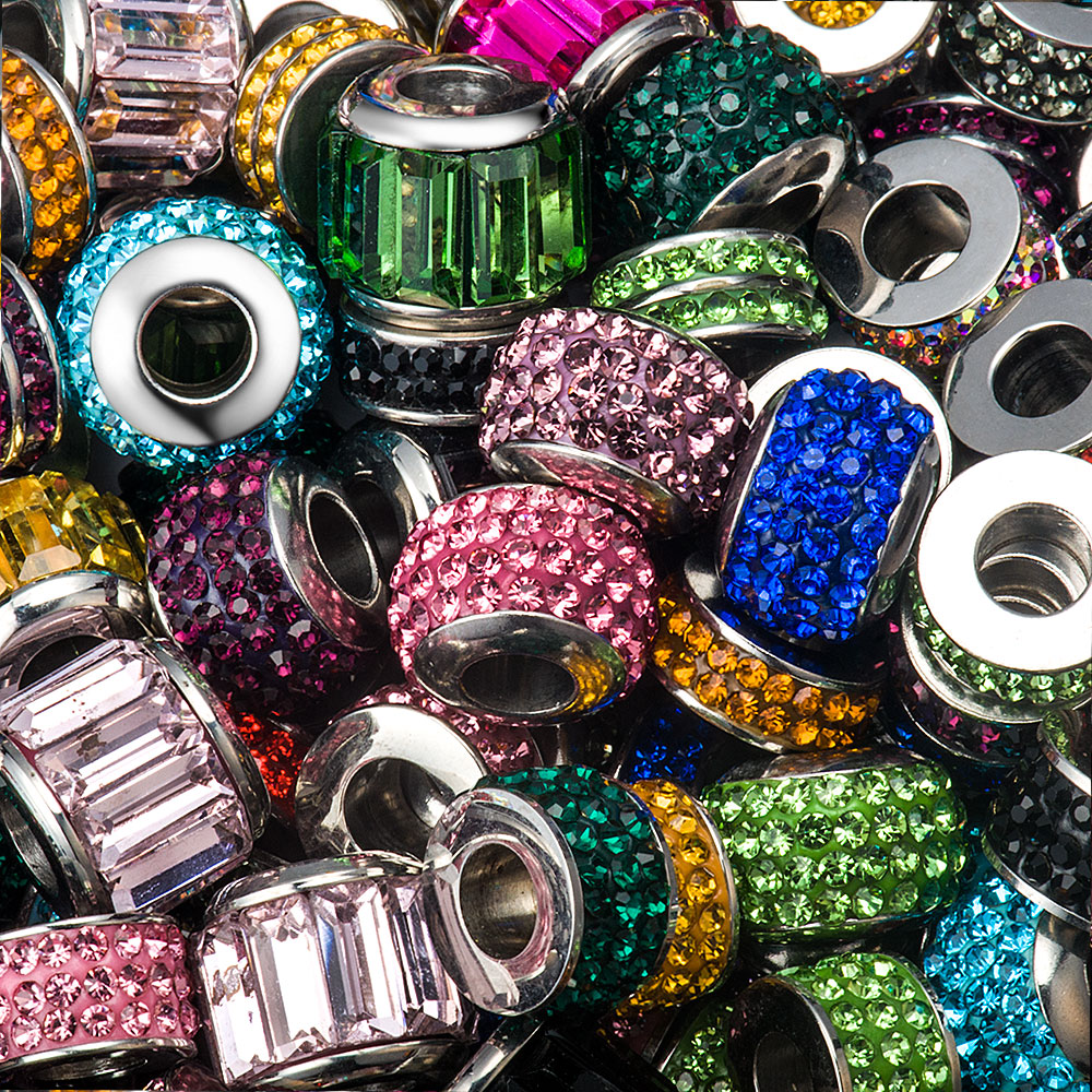 PandaHall Titanium Steel European Beads, with Rhinestone, Large Hole Beads, Rondelle, Mixed Shapes, Mixed Color, 10~12x5mm, Hole: 5mm...