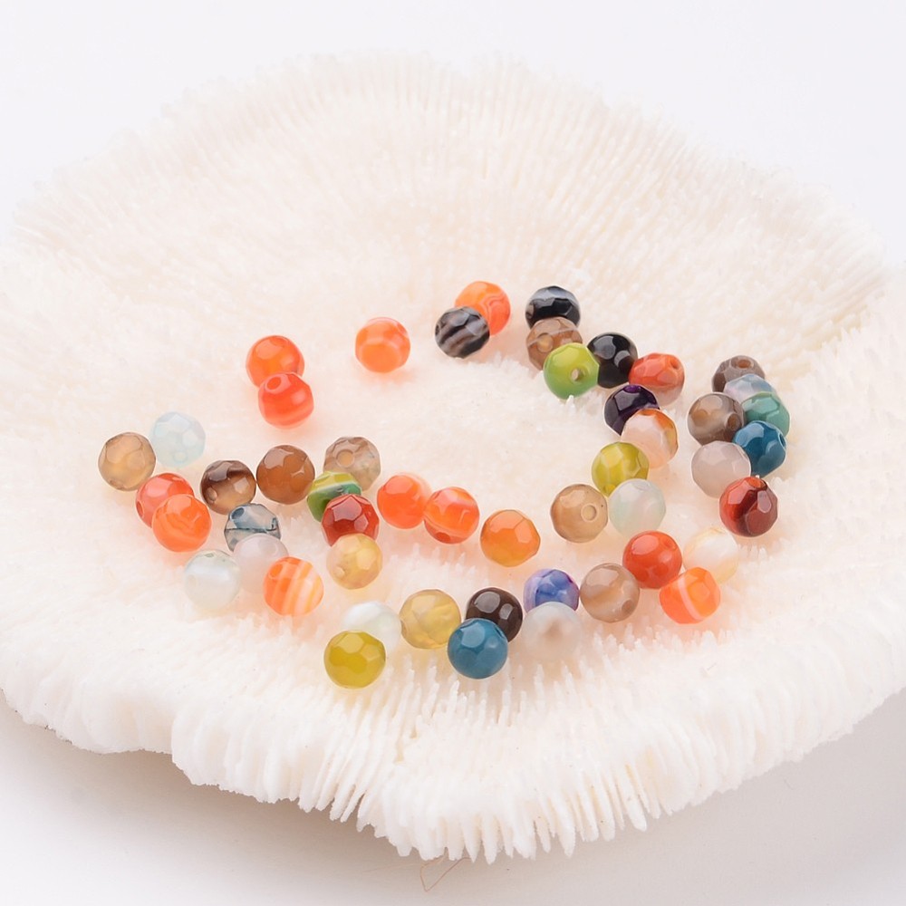 PandaHall Faceted Round Dyed Natural Striped Agate/Banded Agate Beads Strands, Mixed Color, 4mm, Hole: 0.5mm Banded Agate Round Multicolor