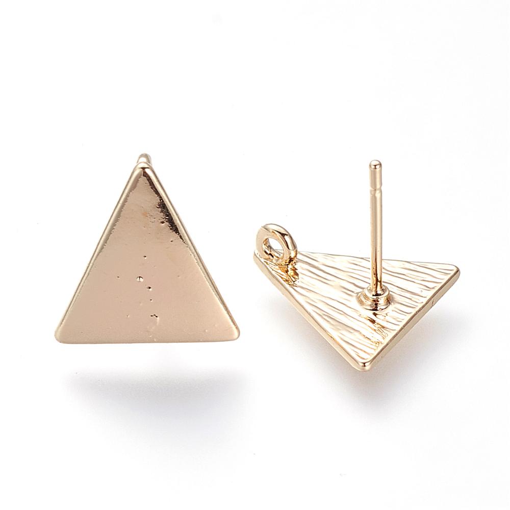 PandaHall Brass Ear Studs, Real Gold Plated, Triangle, 13x12.5mm, Hole: 1.5mm; Pin: 0.8mm Brass