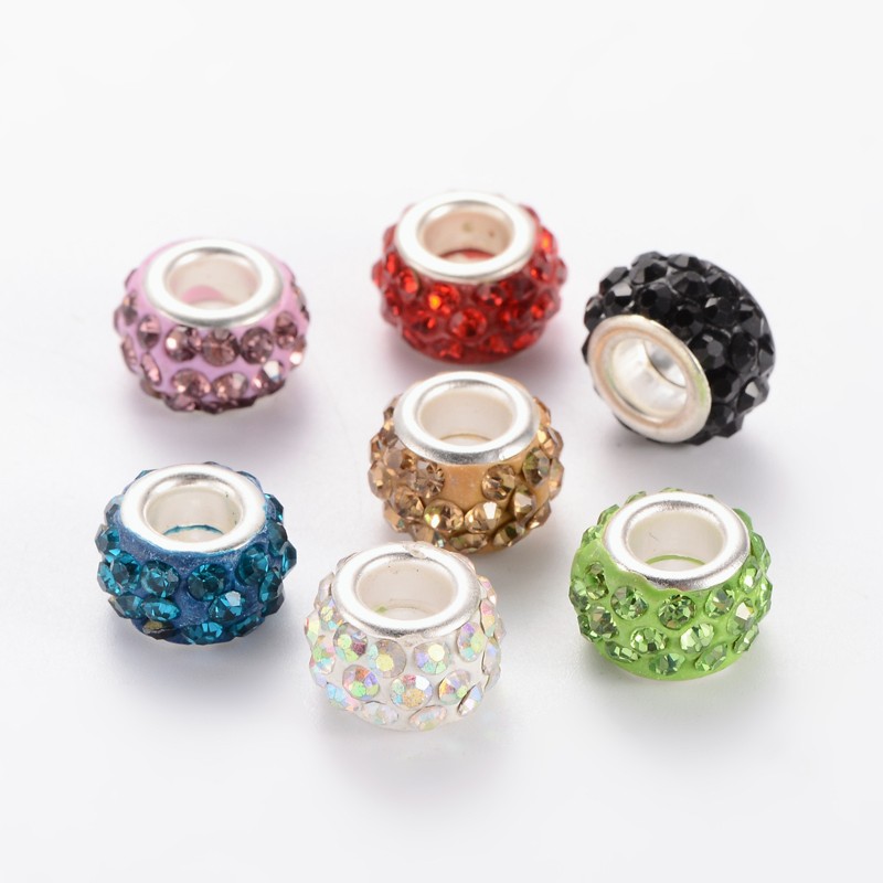 PandaHall Polymer Clay Rhinestone European Beads, Large Hole Rondelle Beads, with Platinum Plated Alloy Cores, Mixed Color, 10~12x7mm, Hole...