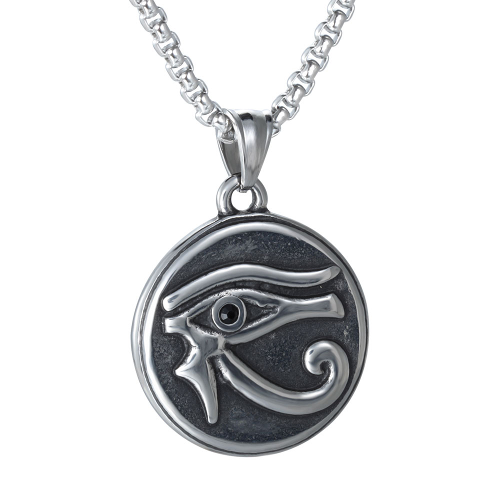 PandaHall 316L Stainless Steel Pendants, Flat Round with Egyptian Eye of Horus, Antique Silver, Black, 35x30x5mm, Hole: 5.5x7mm Stainless...