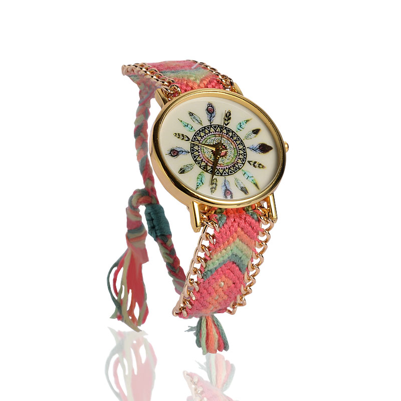 PandaHall  Braided Cotton Cord Bracelet Watches, with Alloy Watch Dials, Pink, 40x41mm, Watch Dial: 45x41mm, Watch Face: 35mm Alloy Pink