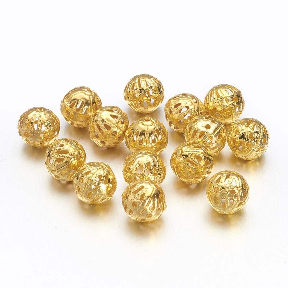 PandaHall Iron Filigree Beads, Round, Golden, Nickel Free, Inner Diameter: 8mm, Hole: 1mm Iron Round