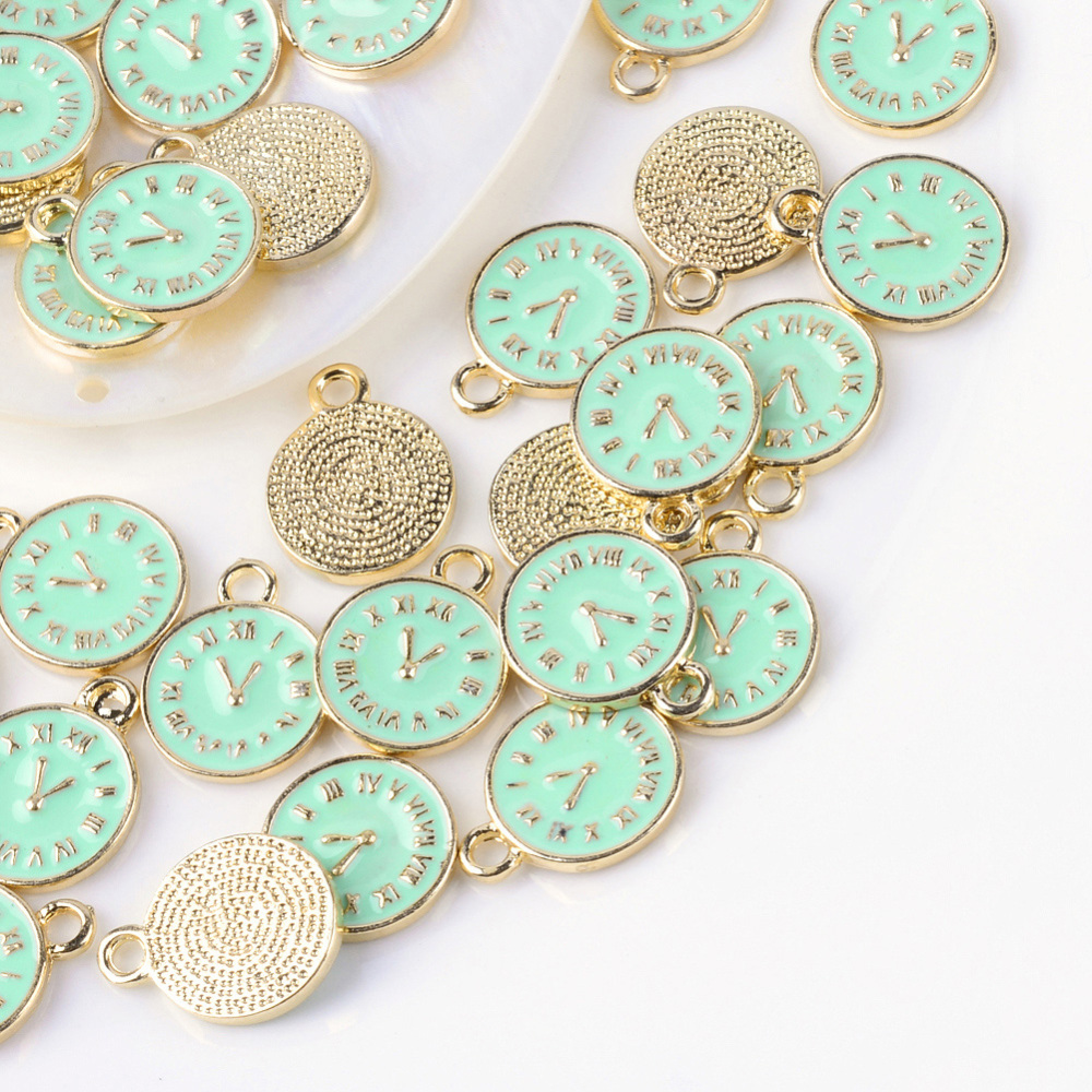 PandaHall Clock Alloy Enamel Pendants, Aquamarine, 17.5x13.5x2mm, Hole: 2mm Alloy+Enamel Clock Green