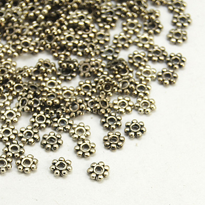 PandaHall Tibetan Style Spacers, Lead Free & Cadmium Free, Flower, Gunmetal, Size: about 4mm in diameter, 1mm thick, hole: 1mm Alloy Flower