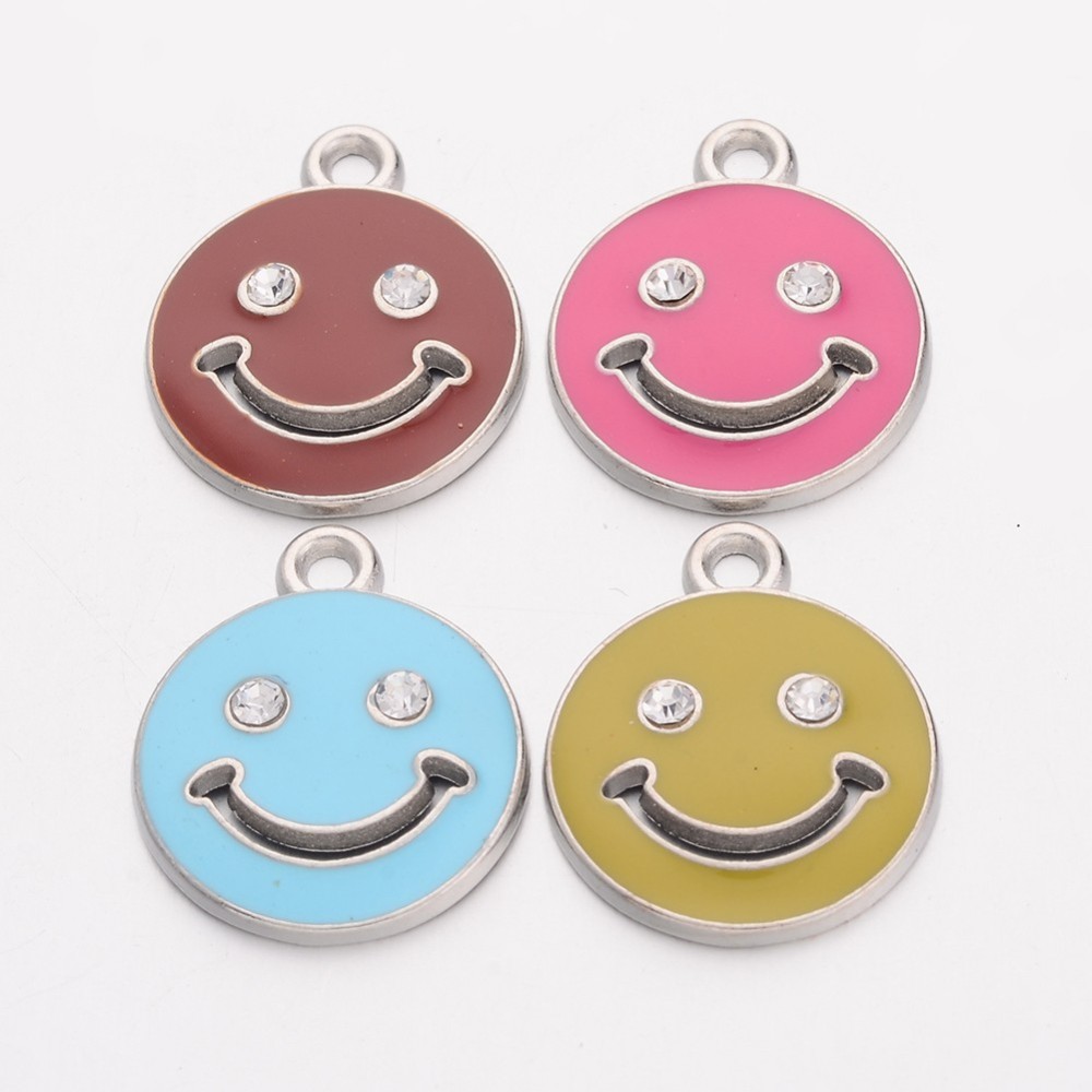 PandaHall Alloy Enamel Pendants, with Rhinestones, Smiling Face, Platinum Metal Color, Mixed Color, about 17mm wide, 19~20mm long, hole: 1mm...