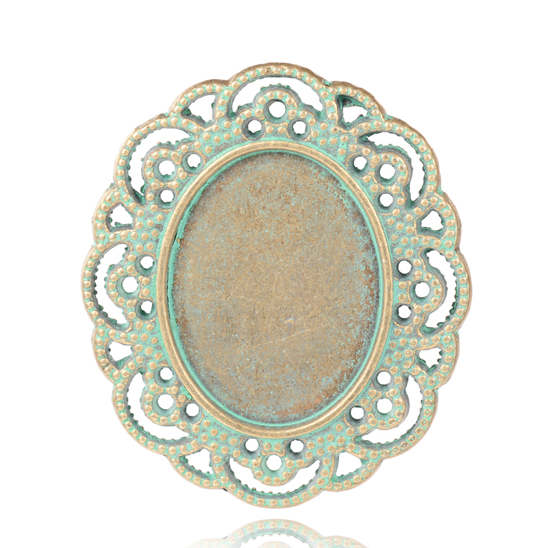PandaHall Oval Alloy Tray Cabochon Settings, Nickel Free, Antique Bronze & Green Patina, 40x35x2mm; Tray: 25x19mm Alloy Oval