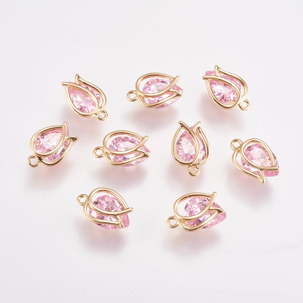 PandaHall Brass Glass Pendants, Flower Charms, Real Gold Plated, Pink, 12x8x5mm, Hole: 1mm Brass+Glass Flower Pink