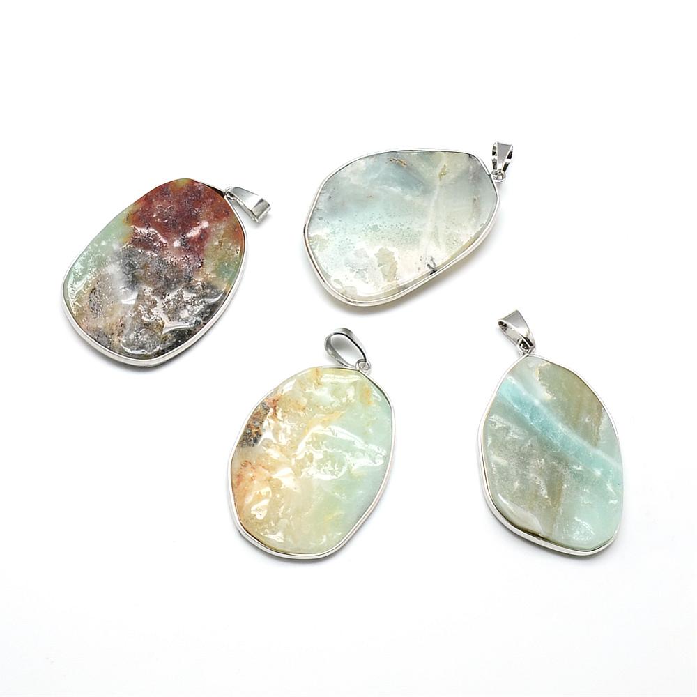 PandaHall Natural Amazonite Pendants, with Platinum Tone Brass Findings, Nuggets, 52.5~56x34~38x6.5~9mm, Hole: 5.5x9mm Amazonite Nuggets