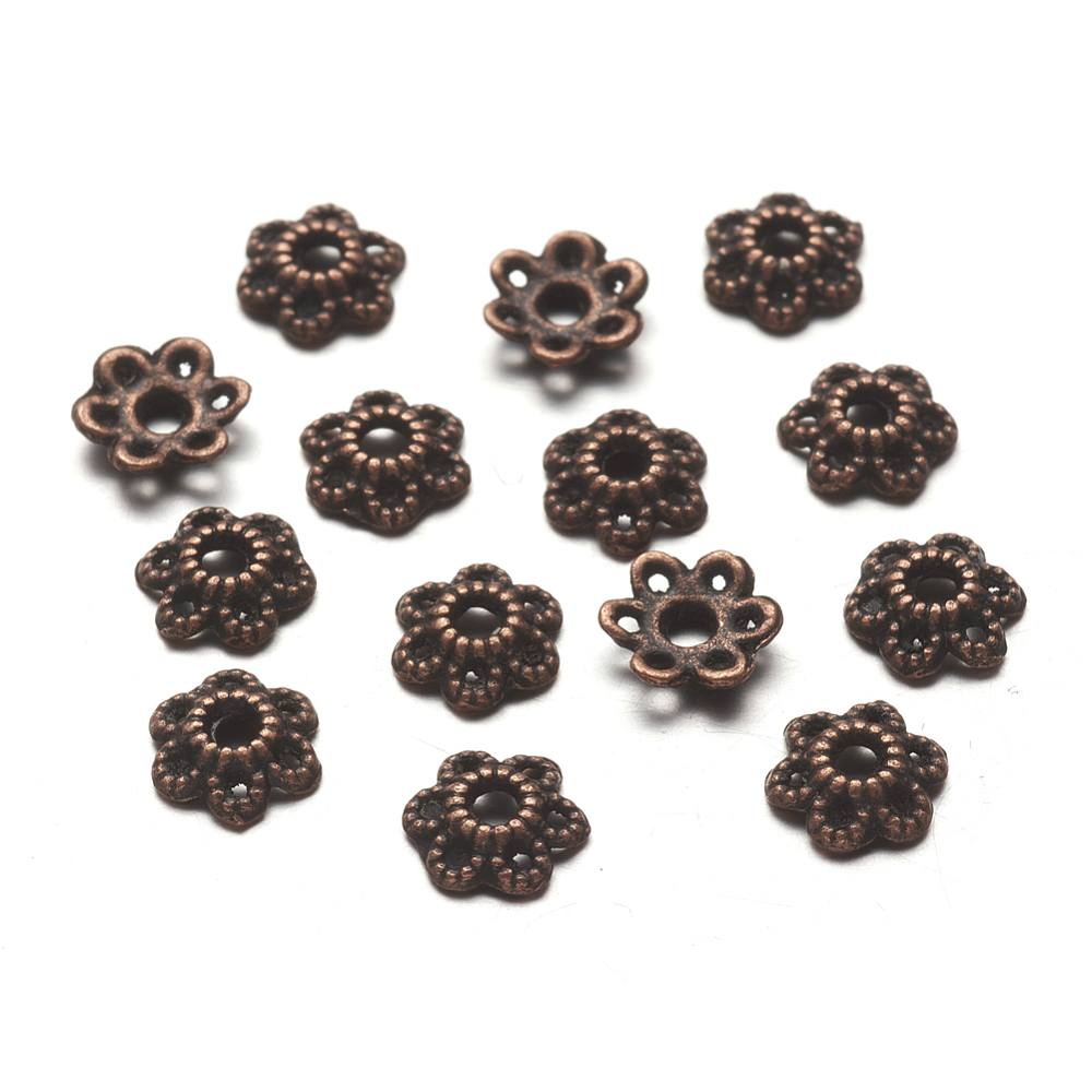PandaHall 6-Petal Tibetan Style Alloy Hollow Flower Bead Caps, Lead Free, Red Copper, 6x1.5mm, Hole: 2mm Alloy
